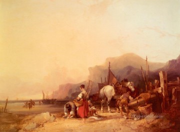  Catch Art - Unloading The Catch Near Benchurch Isle Of Wight rural scenes William Shayer Snr